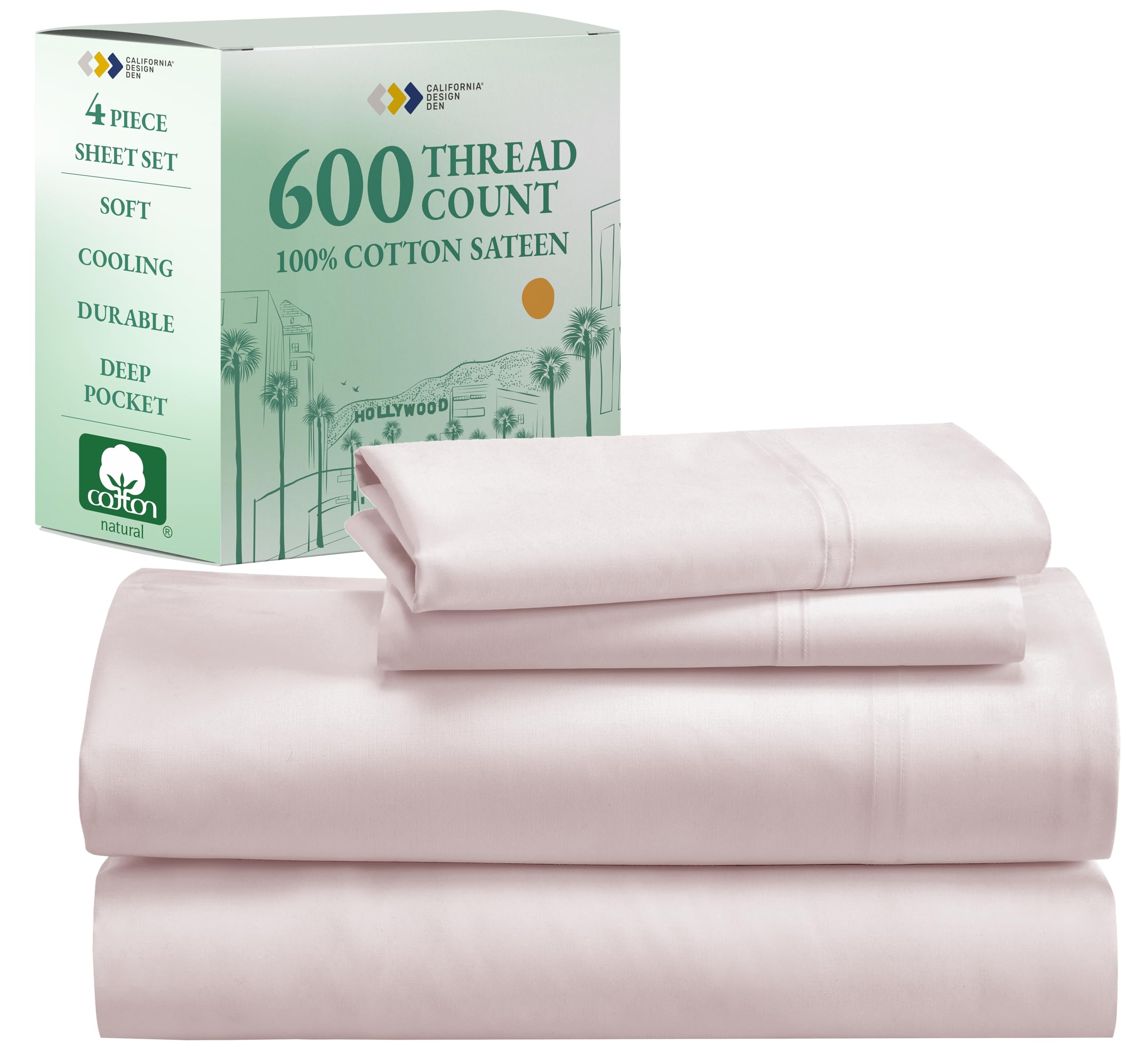 California Design Den Luxury 4 Piece King Size Sheet Set - 100% Cotton, 600 Thread Count Deep Pocket King Sheets, Hotel-Quality